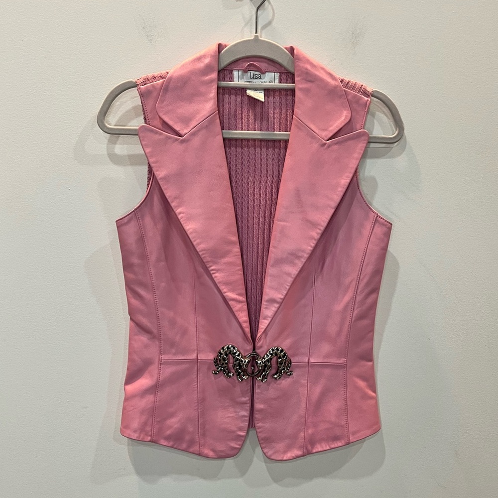 Vintage Lisa International Lamb‎ Skin Leather Vest Cheetah Buckle Women's Small